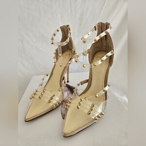 Jessica Simpson Gold Studded Clear Heels